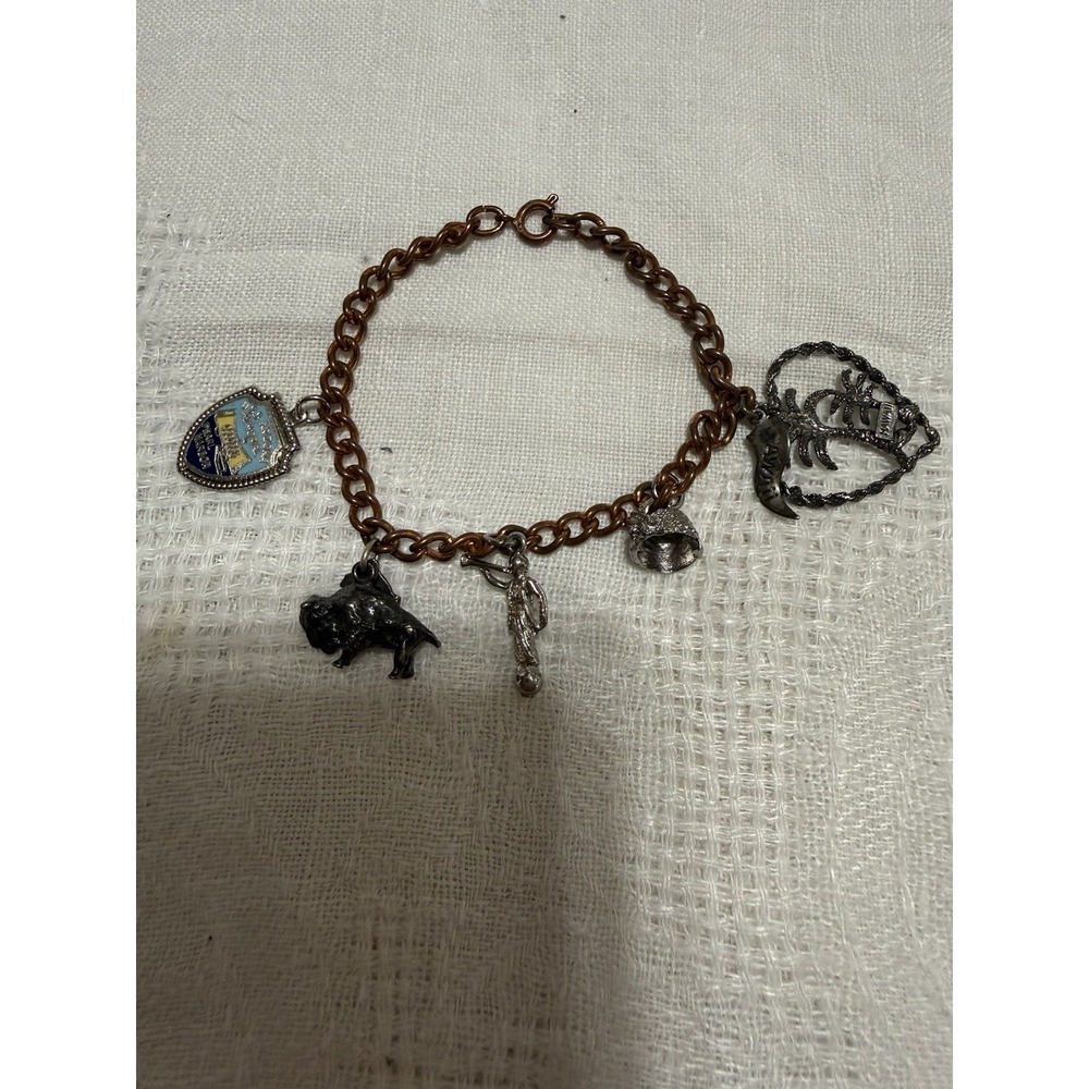 Old Charm Bracelet Copper Tone With Sterling Silver Charms Hawaii Yellowstone